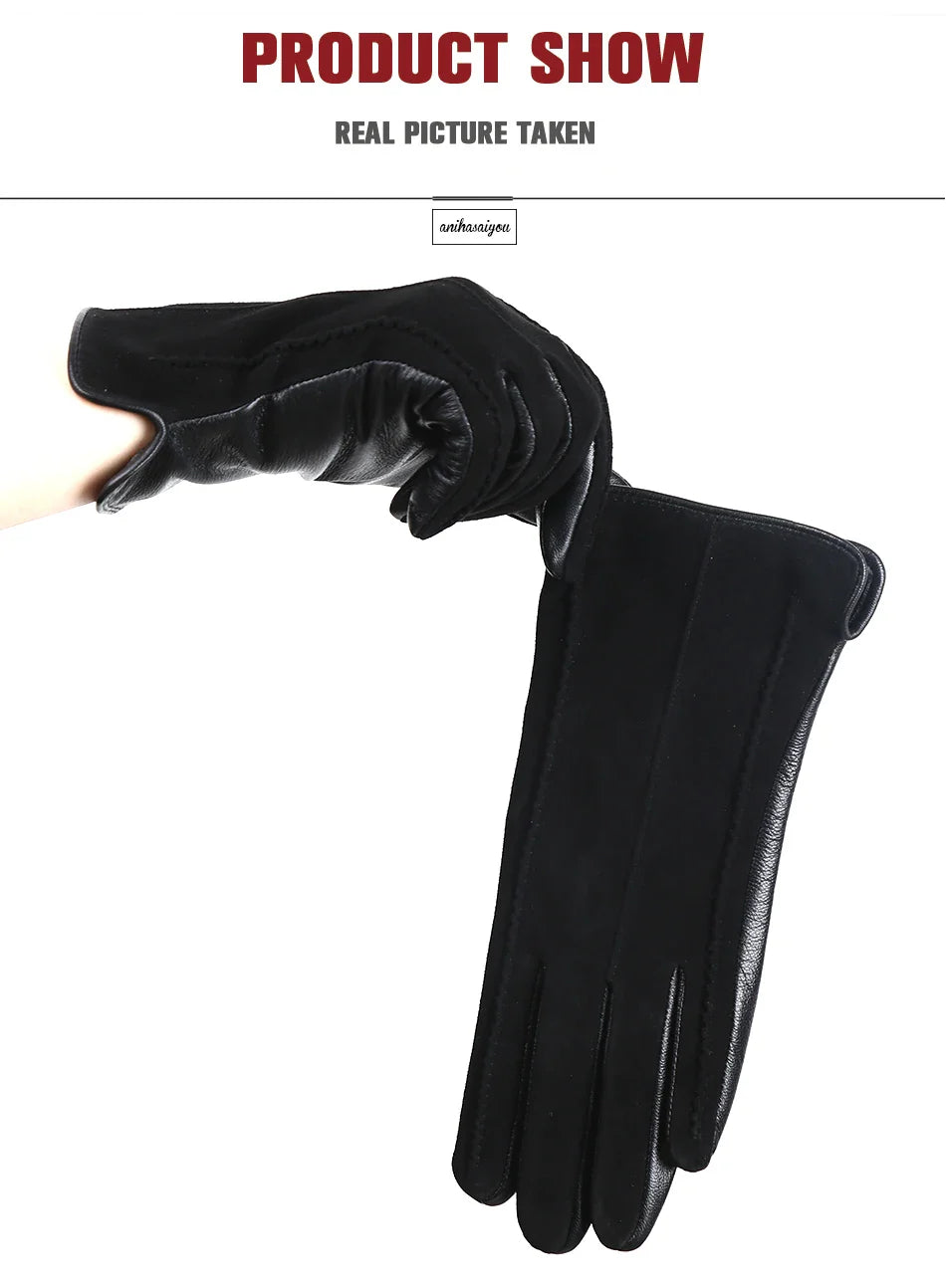 Women’s Winter Touch Gloves – 50% Genuine Leather & 50% Suede, Colorful Warm Leather Gloves