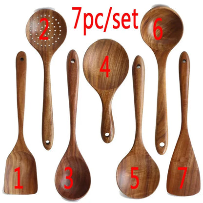 1-9pcs Teak Wood Tableware Set – Natural Wooden Cooking Spoons, Colander Spoon & Soup Skimmer Kitchen Tool Kit