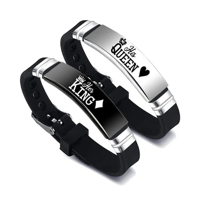 2 Pcs/Set His Queen Her King Couple Bracelets - Stainless Steel Adjustable Silicone Strap Bangles for Valentine's Day Gift