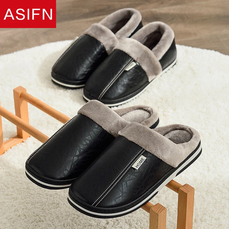 Men’s Large Size Winter Slippers — Waterproof PU Leather Indoor Home Shoes with Fur Cotton, Flat Bedroom Slippers