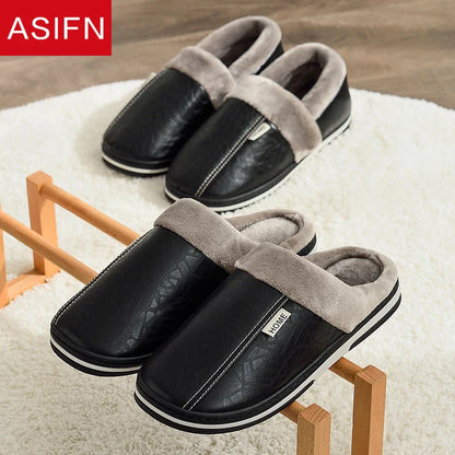 Men’s Large Size Winter Slippers — Waterproof PU Leather Indoor Home Shoes with Fur Cotton, Flat Bedroom Slippers