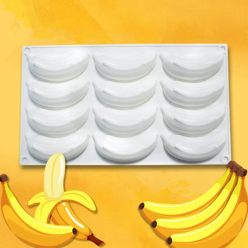 12-Cavity 3D Banana Silicone Mold – Baking Mousse Cake, Chocolate, Ice Cream & Dessert Pastry Mould