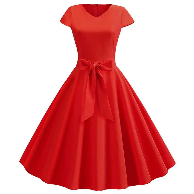 Women Vintage Summer Dress - V Neck Short Sleeve Swing Party Dress With Belt
