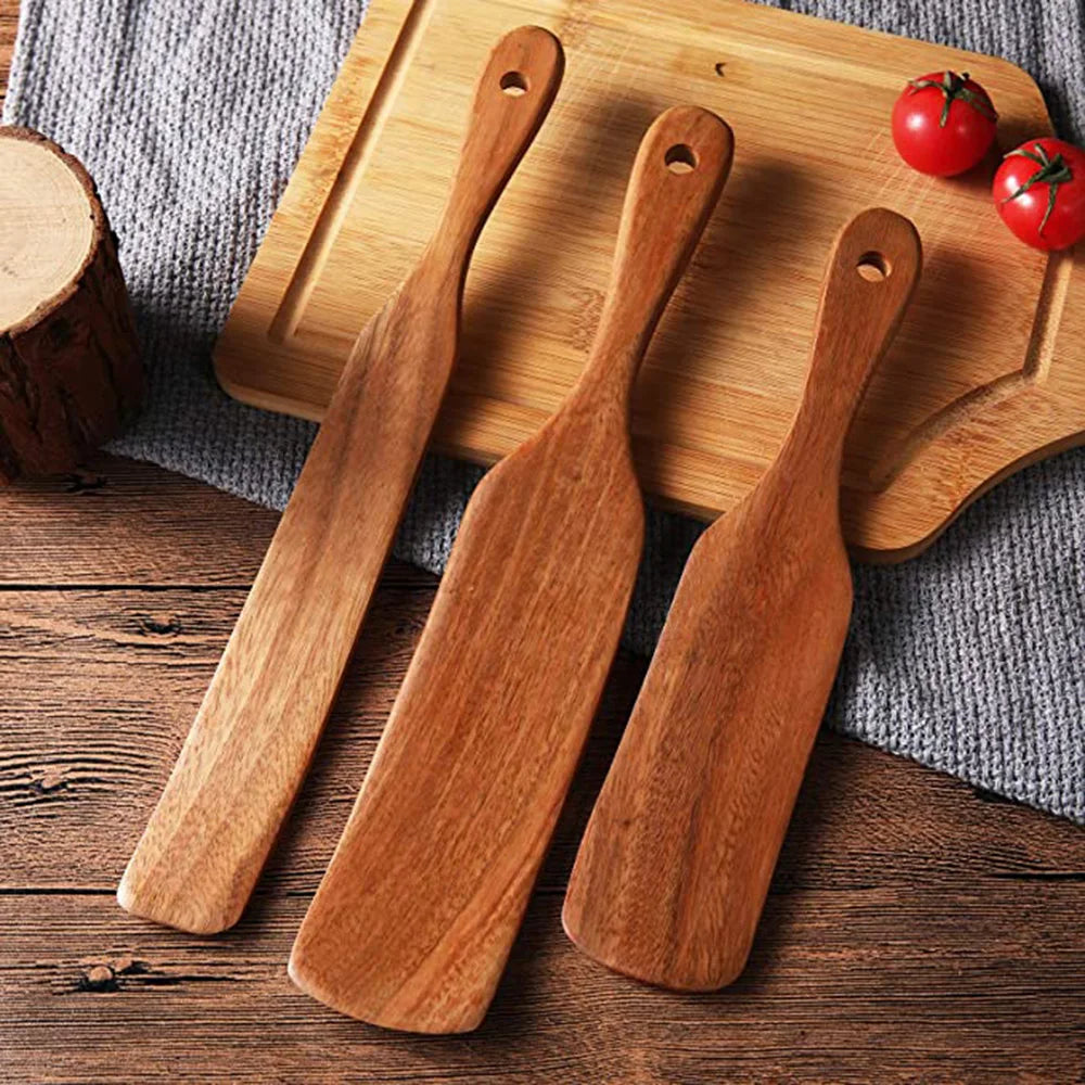 1-9pcs Teak Wood Tableware Set – Natural Wooden Cooking Spoons, Colander Spoon & Soup Skimmer Kitchen Tool Kit