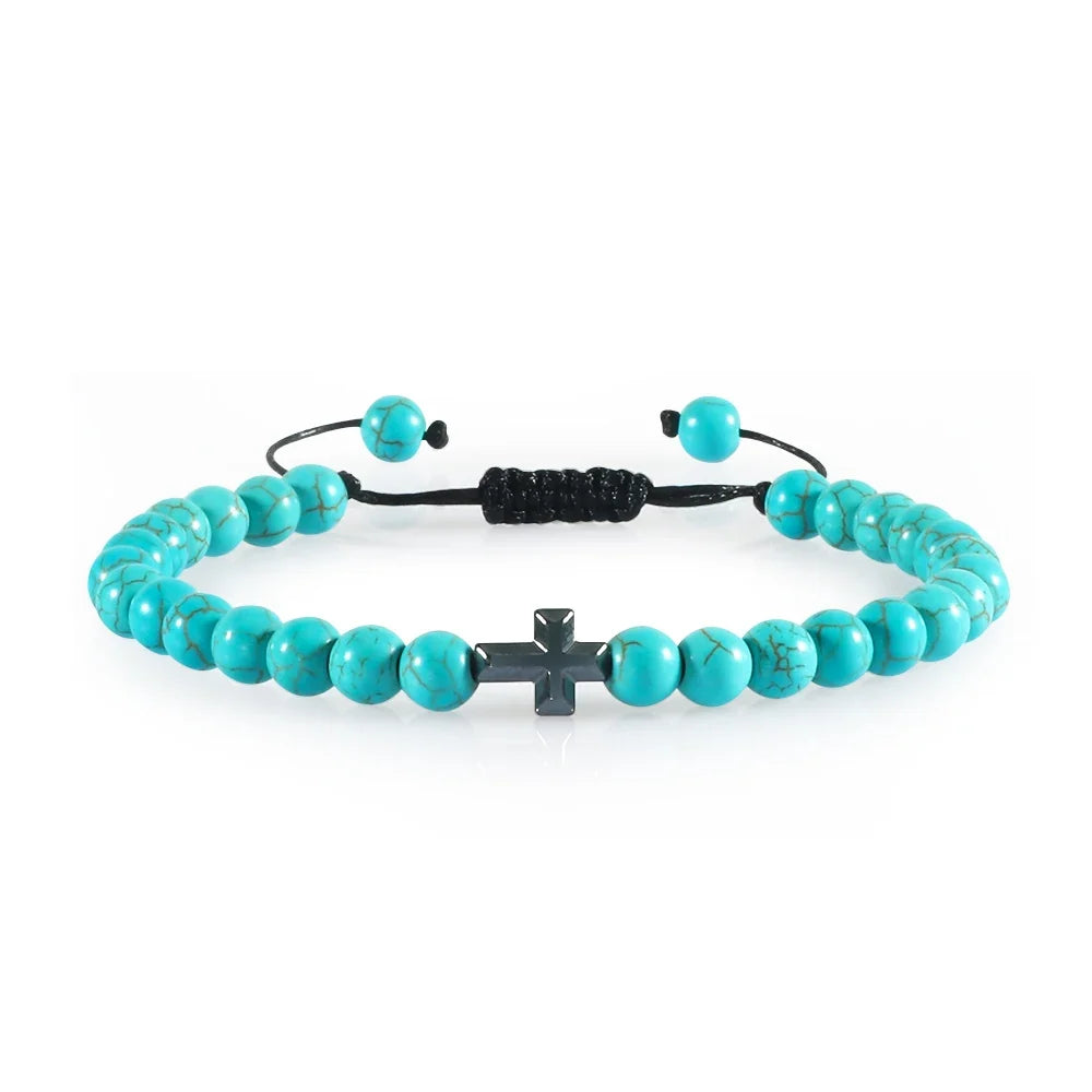 Natural Stone Bead Cross Bracelet - 6mm Braided Christian Prayer Jewelry with Jesus Charm for Men & Women
