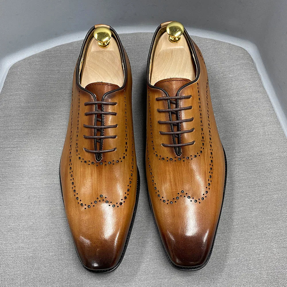 Men’s Genuine Calf Leather Oxford Shoes - Luxury Wingtip Lace-Up Business Brogue Dress Shoes