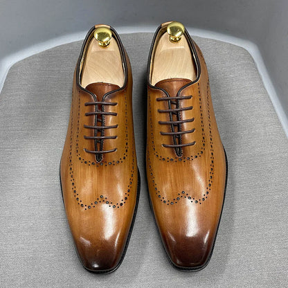 Men’s Genuine Calf Leather Oxford Shoes - Luxury Wingtip Lace-Up Business Brogue Dress Shoes