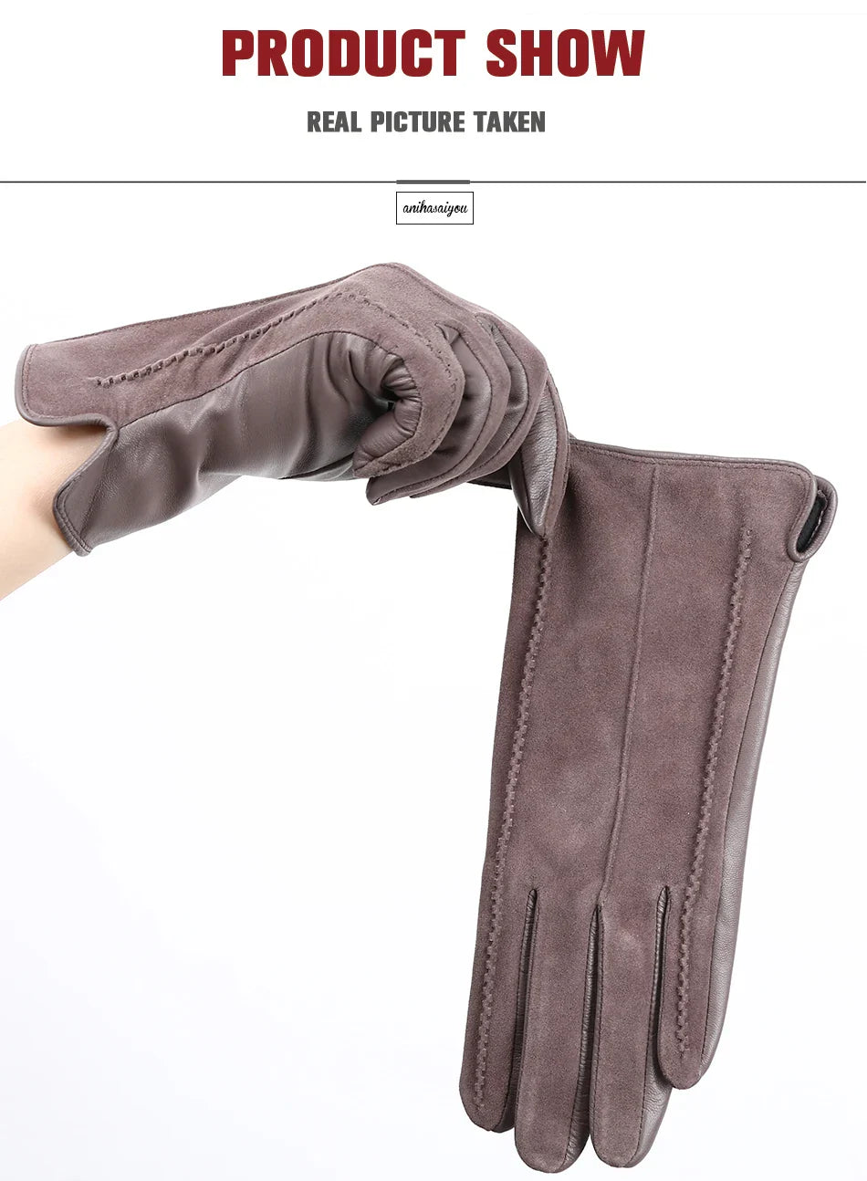 Women’s Winter Touch Gloves – 50% Genuine Leather & 50% Suede, Colorful Warm Leather Gloves