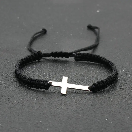Stainless Steel Cross Charm Bracelet - Handmade Adjustable Braided Rope Chain Couple Jewelry for Women & Men
