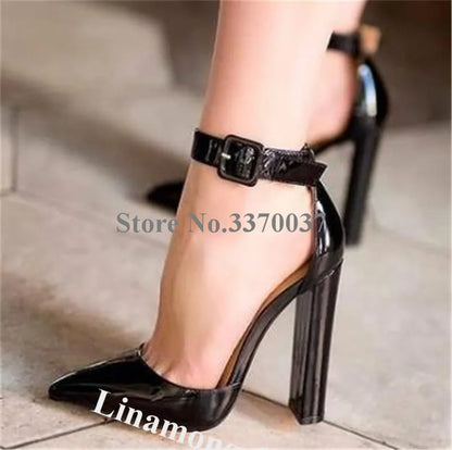 Linamong Women’s Pointed Toe Patent Leather Pumps – Elegant Chunky Heel Ankle Strap High Heels in White & Black, Club Shoes