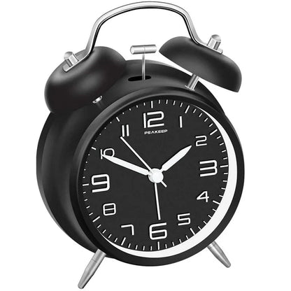 4 Inch Twin Bell Metal Alarm Clock – Loud Mechanical Desk Clock with Backlight 3D Dial, Battery Operated for Home & Office Use