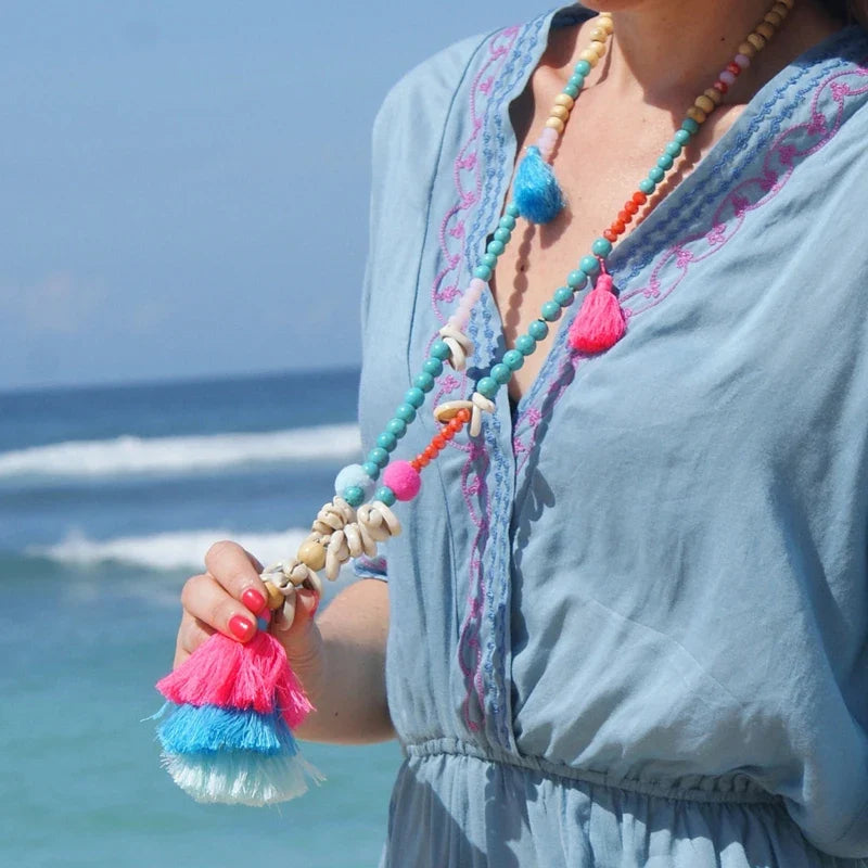 Wooden Bead Tassel Long Necklace - Bohemian Summer Beach Sweater Chain for Women | Mother's Day Gift
