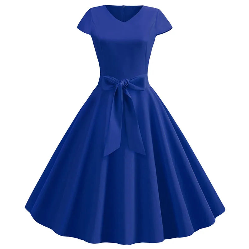 Women Vintage Summer Dress - V Neck Short Sleeve Swing Party Dress With Belt