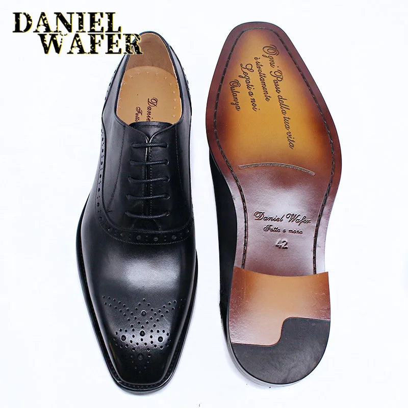 Men’s Genuine Leather Oxford Shoes - Brown and Black Snake Print Lace-Up Business Wedding Dress Shoes