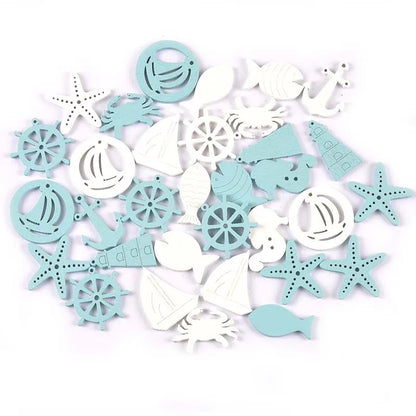 20PCS Ocean Theme Blue & White Wood Slice Embellishments – DIY Scrapbooking, Crafts & Home Decor