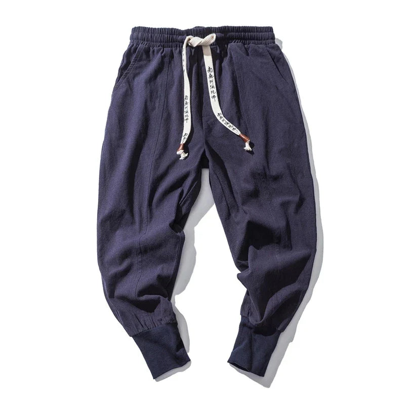 Men’s Cotton Linen Harem Pants – Solid Color Baggy Drop-Crotch Joggers with Elastic Waist Casual Streetwear Trousers