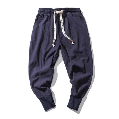 Men’s Cotton Linen Harem Pants – Solid Color Baggy Drop-Crotch Joggers with Elastic Waist Casual Streetwear Trousers