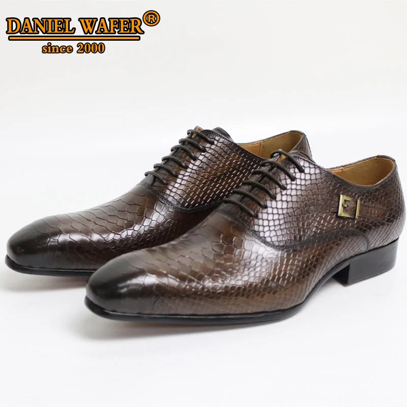 Men's Luxury Oxford Shoes - Snake Skin Print Leather Pointed Toe Lace-Up Formal Dress Shoes