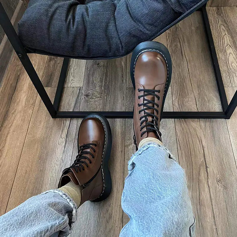 BeauToday Women’s Leather Ankle Boots - Platform Cow Leather Shoes with Side Zipper, Lace-Up Detail & Handmade Finish
