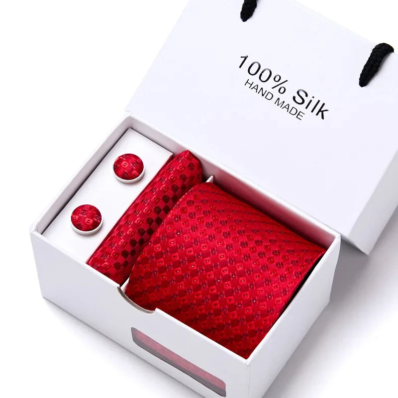 100% Silk Tie Gift Set - Classic Striped Wedding Necktie with Handkerchief for Men