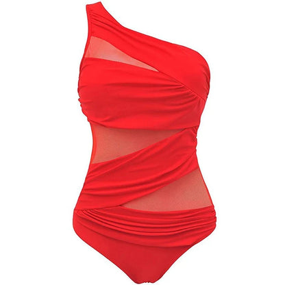 Plus Size One Shoulder Swimsuit - Women's Mesh Push Up Padded Slim Fit Solid Color Bathing Suit