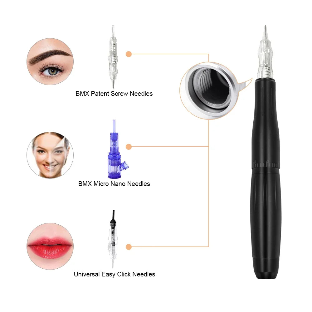BMX Permanent Makeup Tattoo Pen - Professional Digital Dermograph Machine Set with Cartridges for Eyebrow & Lip Tattoo