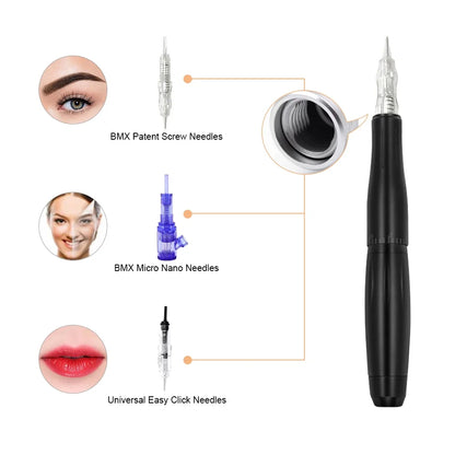 BMX Permanent Makeup Tattoo Pen - Professional Digital Dermograph Machine Set with Cartridges for Eyebrow & Lip Tattoo