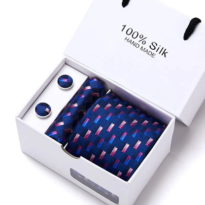 100% Silk Tie Gift Set - Classic Striped Wedding Necktie with Handkerchief for Men