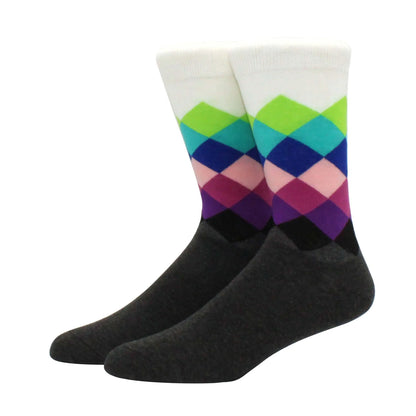 Men’s Funny Argyle Diamond Pattern Cotton Socks – Large Size 3D Geometric Crew Tube Socks, Combed Cotton Casual Novelty Socks