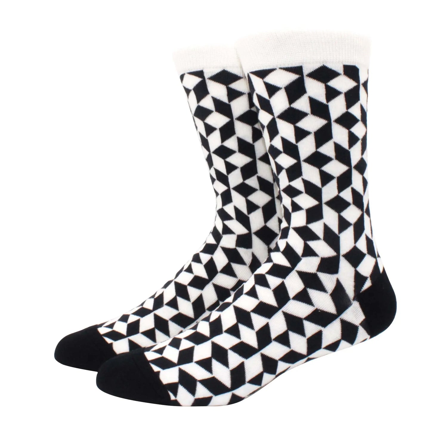 Men’s Funny Argyle Diamond Pattern Cotton Socks – Large Size 3D Geometric Crew Tube Socks, Combed Cotton Casual Novelty Socks