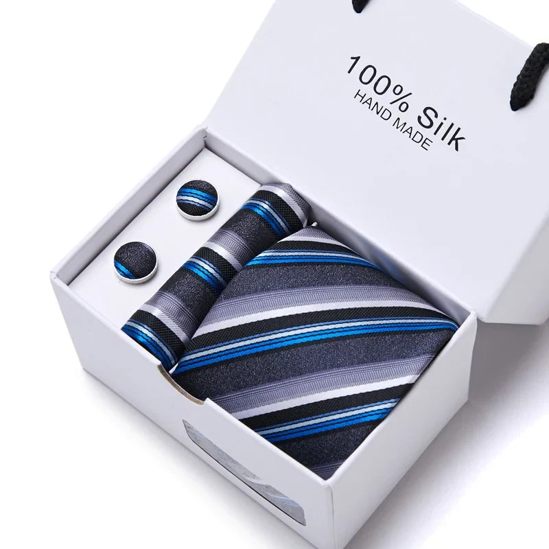 100% Silk Tie Gift Set - Classic Striped Wedding Necktie with Handkerchief for Men