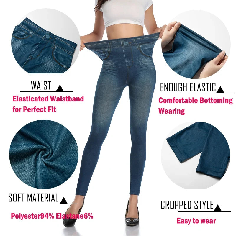 Women's Faux Denim Leggings - Slim Fit Printed Summer Pencil Pants for Fitness & Casual Wear
