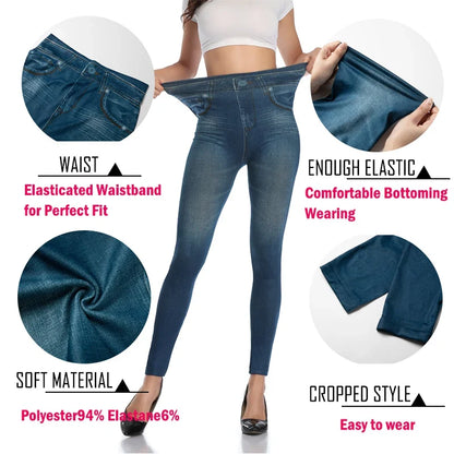 Women's Faux Denim Leggings - Slim Fit Printed Summer Pencil Pants for Fitness & Casual Wear