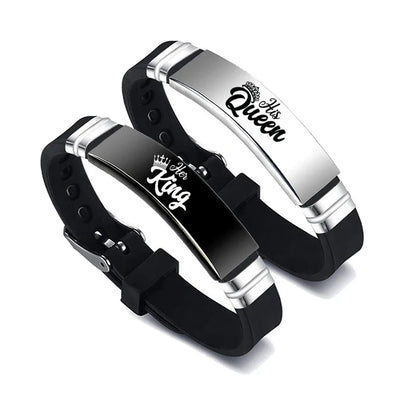2 Pcs/Set His Queen Her King Couple Bracelets - Stainless Steel Adjustable Silicone Strap Bangles for Valentine's Day Gift