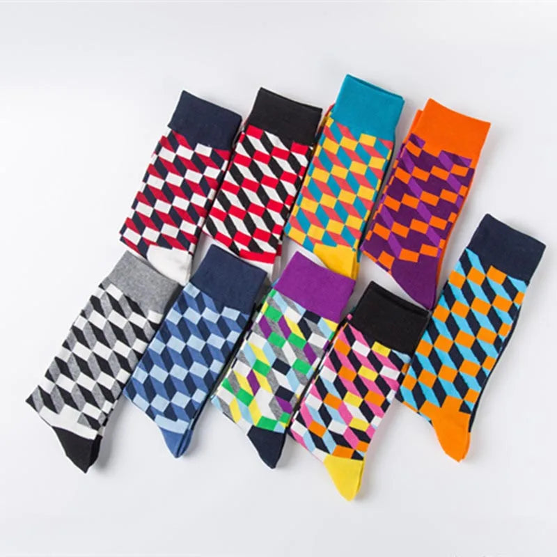 Men’s Funny Argyle Diamond Pattern Cotton Socks – Large Size 3D Geometric Crew Tube Socks, Combed Cotton Casual Novelty Socks
