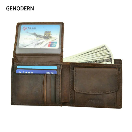 GENODERN Genuine Cow Leather Men’s Wallet with Coin Pocket – Vintage RFID Blocking Slim Male Purse Card Holder Leather Wallet