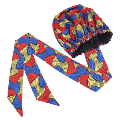 African Satin Lined Bonnet with Long Ribbon - Floral Ankara Print Head Wrap Turban Cap for Women