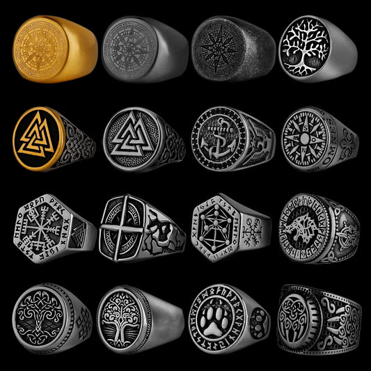 Nordic Viking Stainless Steel Ring - Compass Tree of Life Rune Wolf Amulet Jewelry for Men & Women