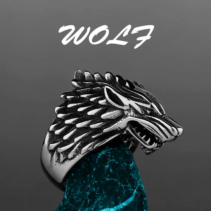 Nordic Viking Stainless Steel Ring - Compass Tree of Life Rune Wolf Amulet Jewelry for Men & Women