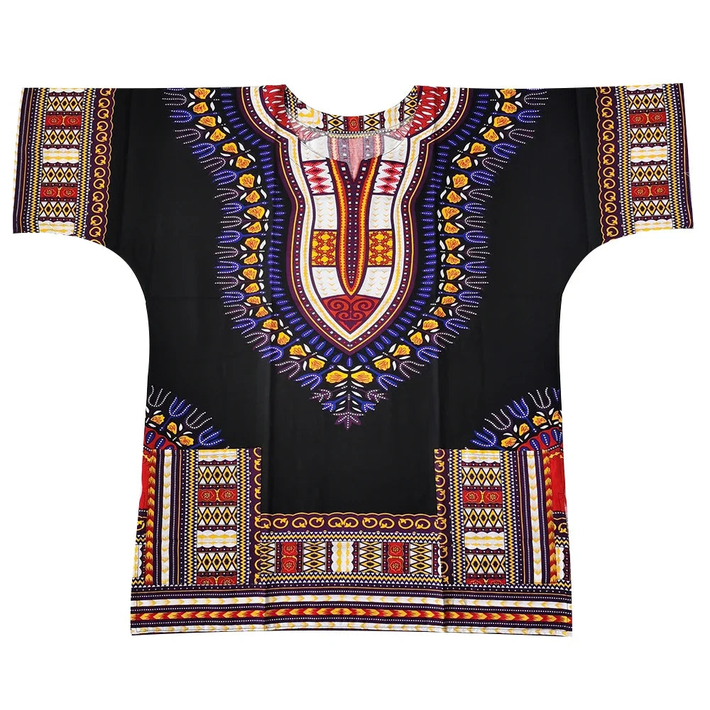 African Dashiki Cotton T-Shirt - Traditional Printed Unisex Fashion Top with Vibrant Ethnic Style Design
