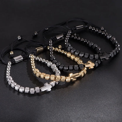 Cross Charm Beaded Bracelet - Stainless Steel Handmade Prayer Chain Jewelry Gift for Men & Women