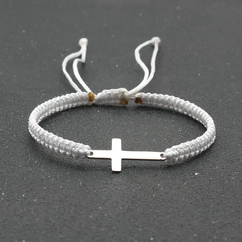 Stainless Steel Cross Charm Bracelet - Handmade Adjustable Braided Rope Chain Couple Jewelry for Women & Men