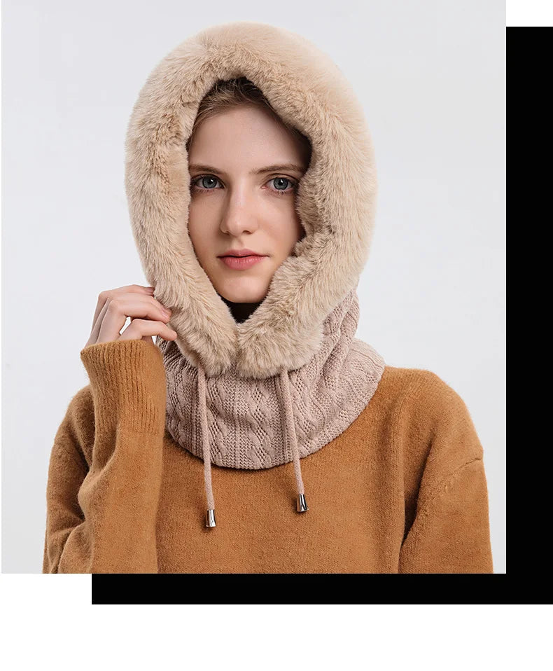 Winter Fur Cap Mask Set – Hooded Knitted Cashmere Neck Warmer, Plush Windproof Balaclava Ski Beanie for Women
