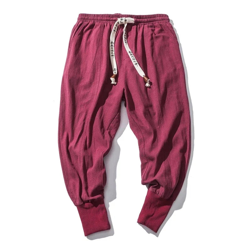 Men’s Cotton Linen Harem Pants – Solid Color Baggy Drop-Crotch Joggers with Elastic Waist Casual Streetwear Trousers