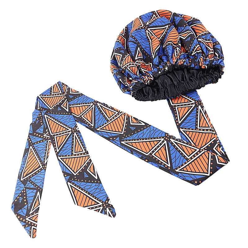 African Satin Lined Bonnet with Long Ribbon - Floral Ankara Print Head Wrap Turban Cap for Women