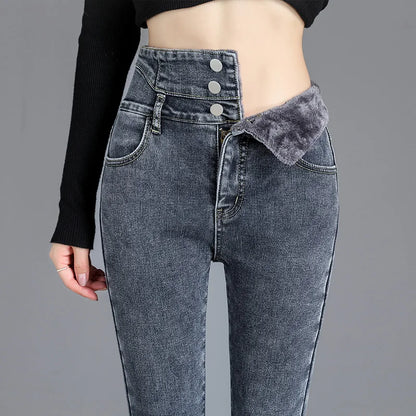 Thermal Fleece-Lined High-Waist Skinny Jeans for Women - Warm Stretch Velvet Pencil Pants with Button Closure