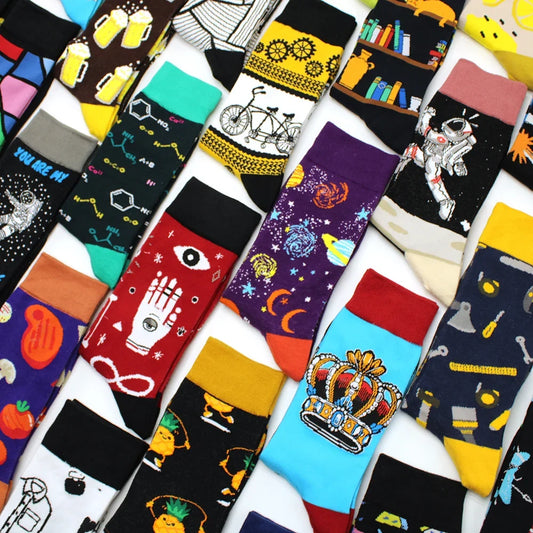 Funny Cartoon Fashion Cotton Socks – Hip Hop Skateboard Style Socks for Men & Women, Beer, Pizza, Astronaut & Pineapple Print Casual Wear Socks