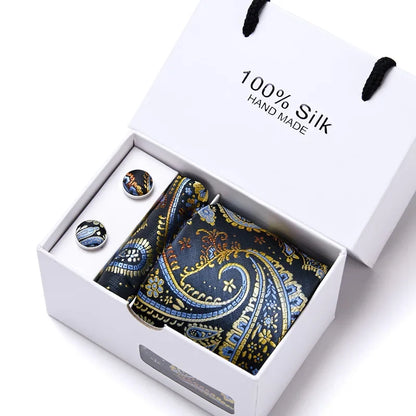 100% Silk Tie Gift Set - Classic Striped Wedding Necktie with Handkerchief for Men