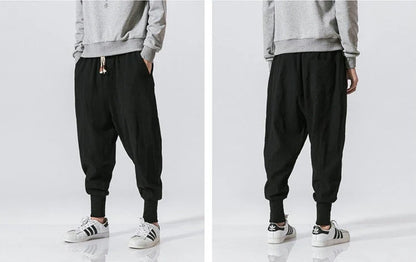 Men’s Cotton Linen Harem Pants – Solid Color Baggy Drop-Crotch Joggers with Elastic Waist Casual Streetwear Trousers