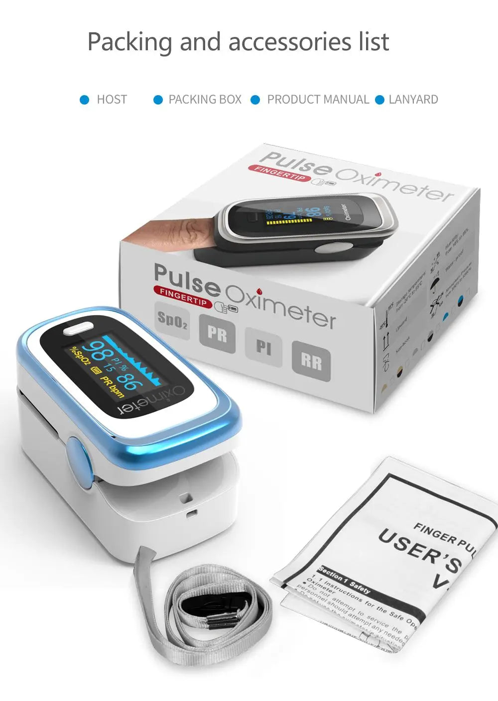 KIUZOU Finger Pulse Oximeter – SPO2, PR, PI, RR Blood Oxygen Monitor with OLED Display